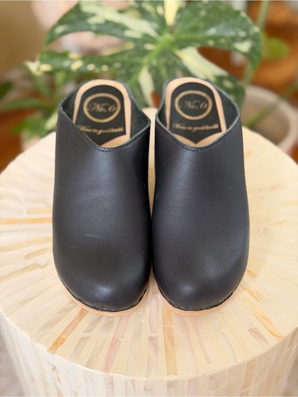 No. 6 Black Leather Clog Mules